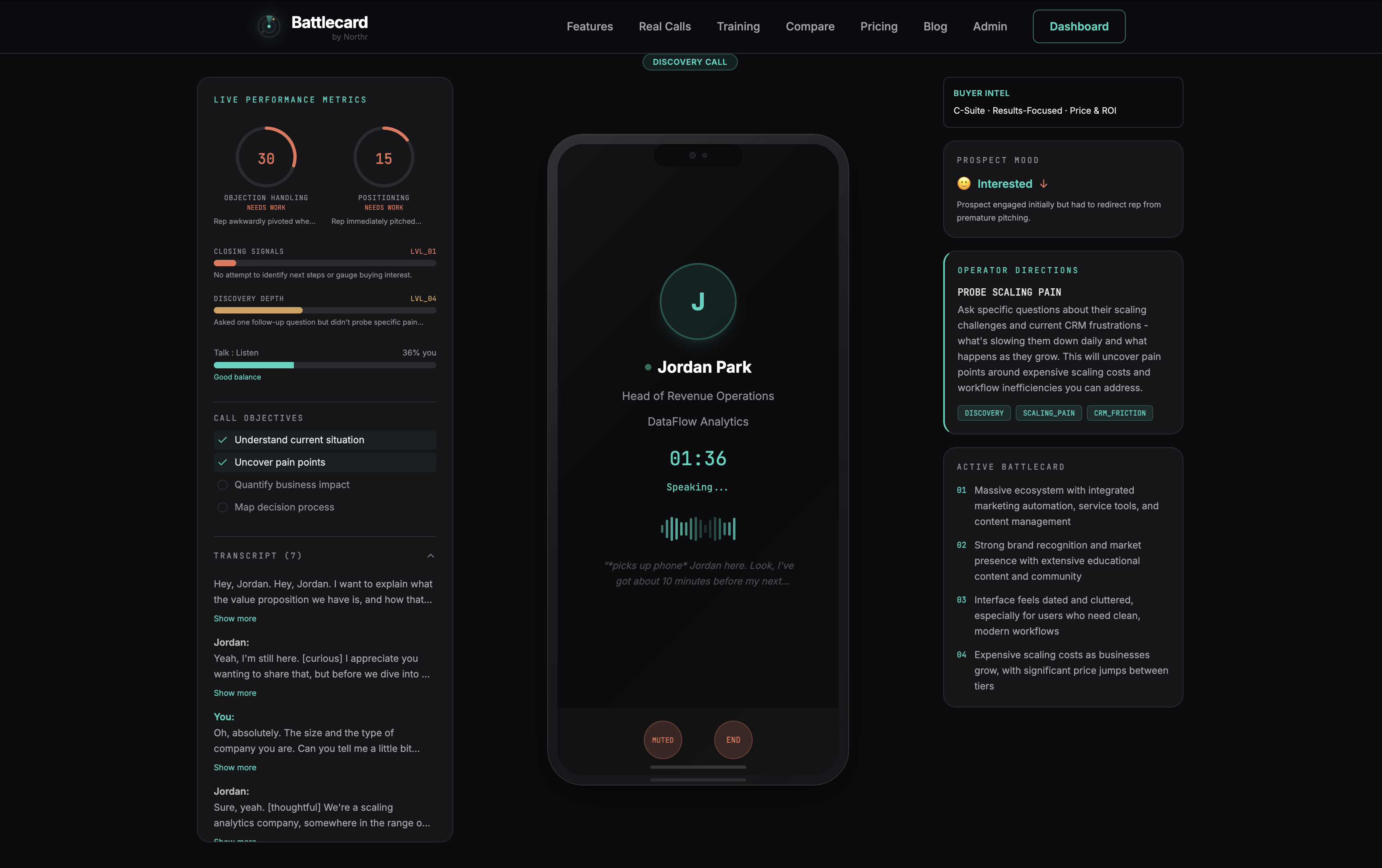 Battlecard simulation cockpit showing a live discovery call with the AI playing the prospect, live performance scoring on the left, and an active battle card on the right